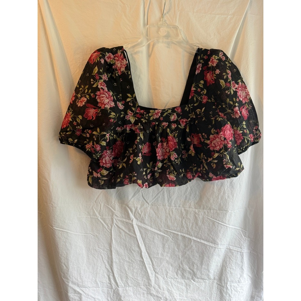 HM Divided Floral Crop Top Black Pink Rose Puff Sleeve Square Neck Blouse XS
